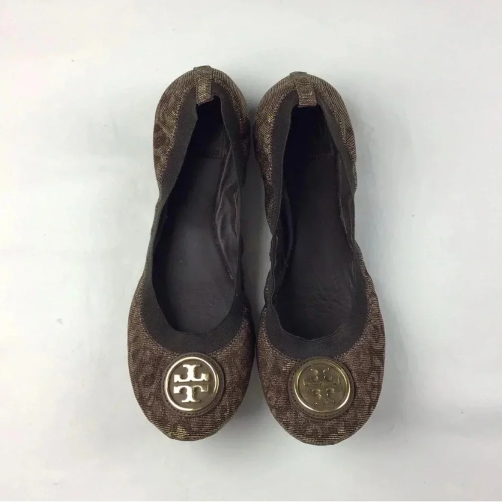 Tory Burch Caroline 2 Leopard Lurex Vegan Elastic Ballet Flats Women's Size 7.5M